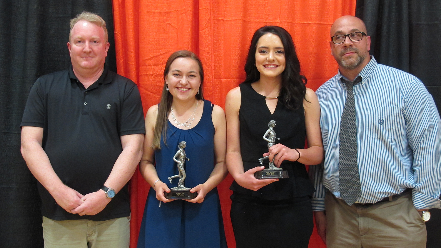 Girls Indoor Track and Field: Katie Belcher (center left) and Ashton Ariola (center right). Presented by: David Maidens an Girls Indoor Track and Field: Katie Belcher (center left) and Ashton Ariola (center right). Presented by: David Maidens an